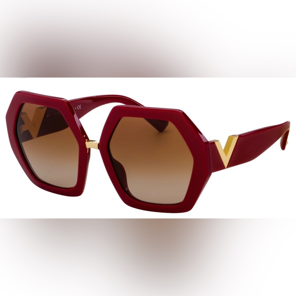 Valentino Red Hexagonal Frame Sunglasses with Gold Accent